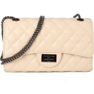 Women Beige PU Quilted Stylish Crossbody Bags with Chain Strap & Flap Closure